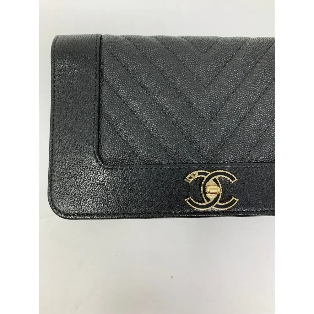 Chanel Chevron Mademoiselle Wallet On Chain Black Caviar Leather